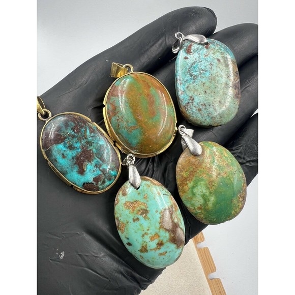 5 Natural Persian Turquoise Pendants Metal Stainless Steel Hook Bulk Lot - Picture 1 of 6
